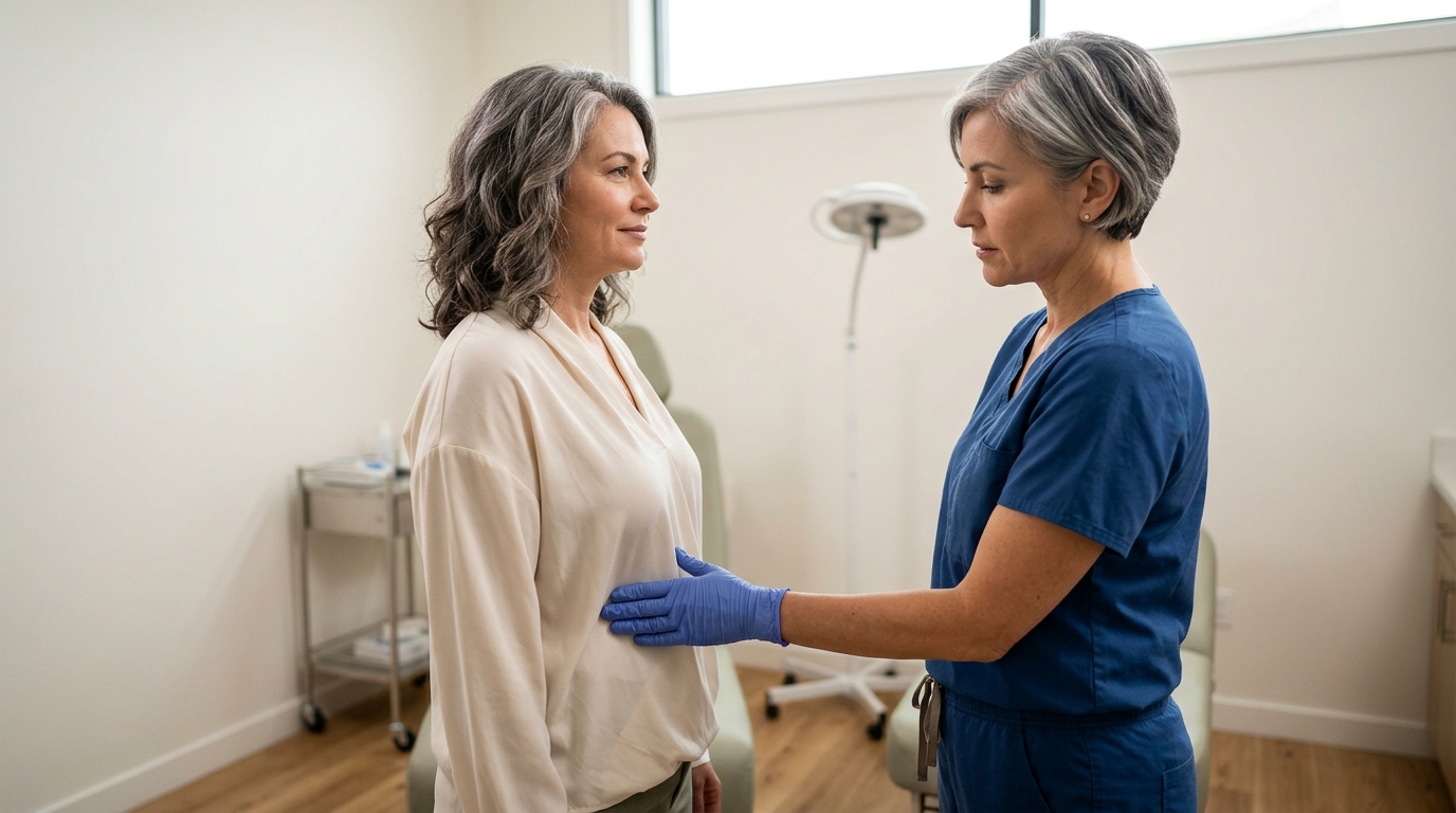 A female doctor in blue scrubs and gloves gently touches the abdomen of a female patient with gray hair in a clinic room.