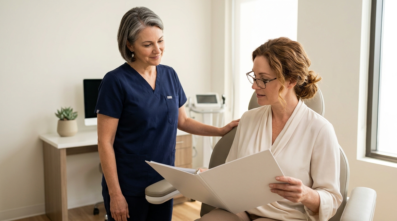 A female patient sits in a consultation chair, reviewing a document, while a female medical professional stands beside her with a hand on her shoulder.